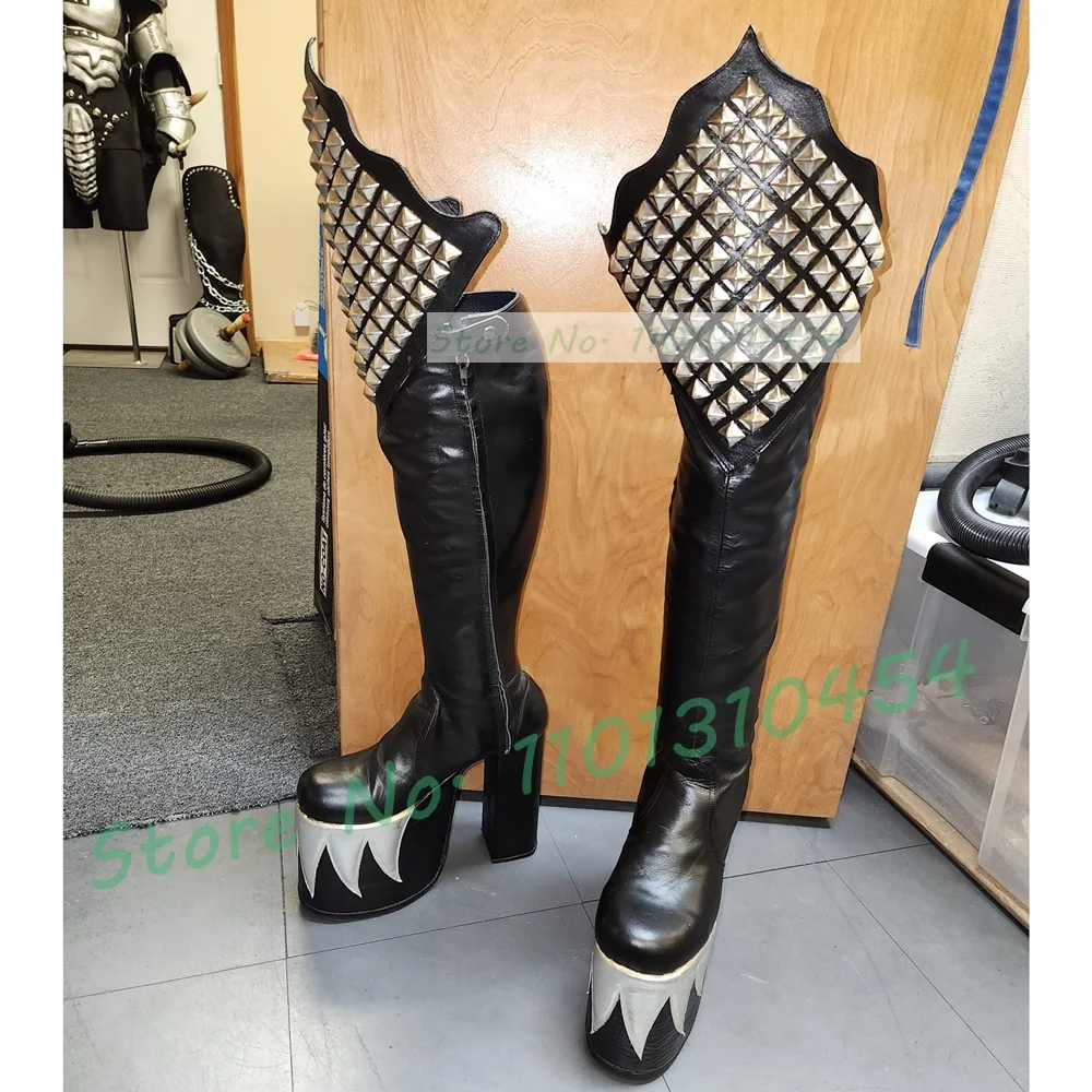 검은 무릎 높은 플랫폼 악마 부츠 남성 여성 섹시한 세 - Cosplay Flame Prop 리뷰 및 가격